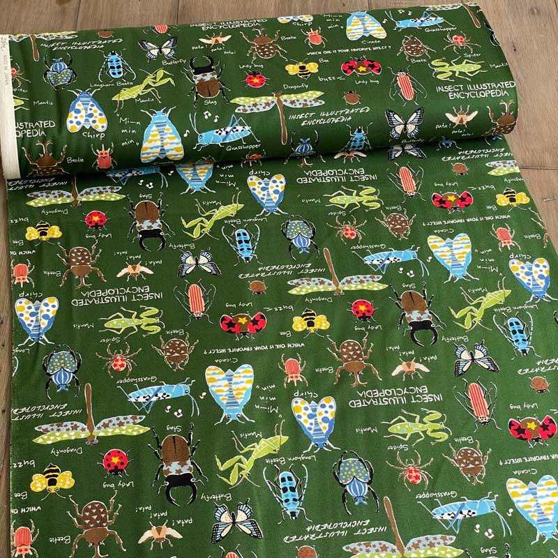 昆虫図鑑 昆虫柄 コットンツイル生地ファブリック 生成り/グリーン
