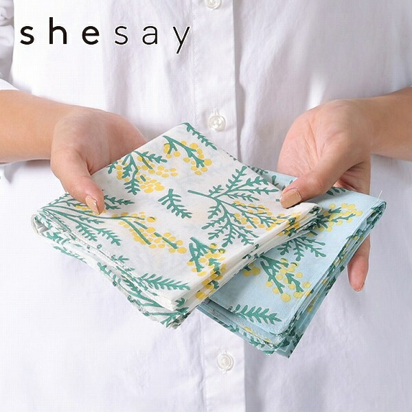 ハンカチ ミモザ フラワー お花 ブルー ホワイト 白 shesay 志成