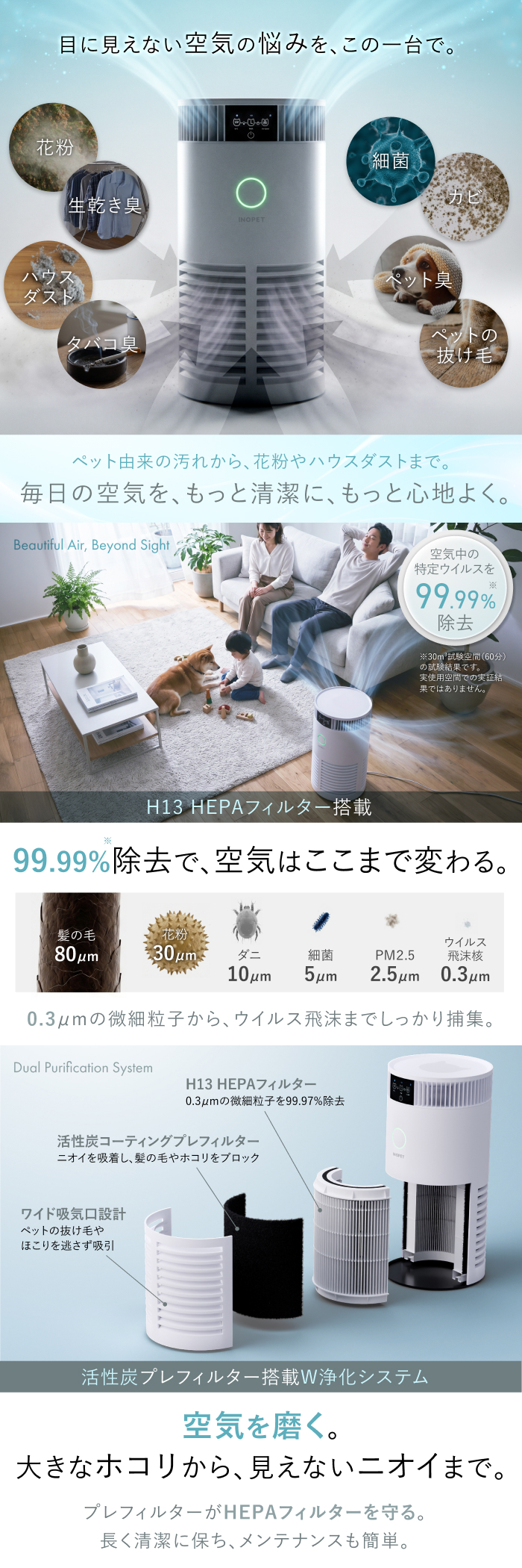 空気清浄機 ペット 抜け毛 ニオイ対策 H13 UV-C LED 15畳 花粉 ハウス