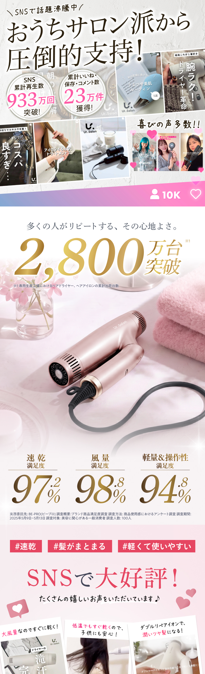 Ur.Salon ヘアドライヤー 大風量 速乾 ダブル補修イオン 折り畳み式 遠