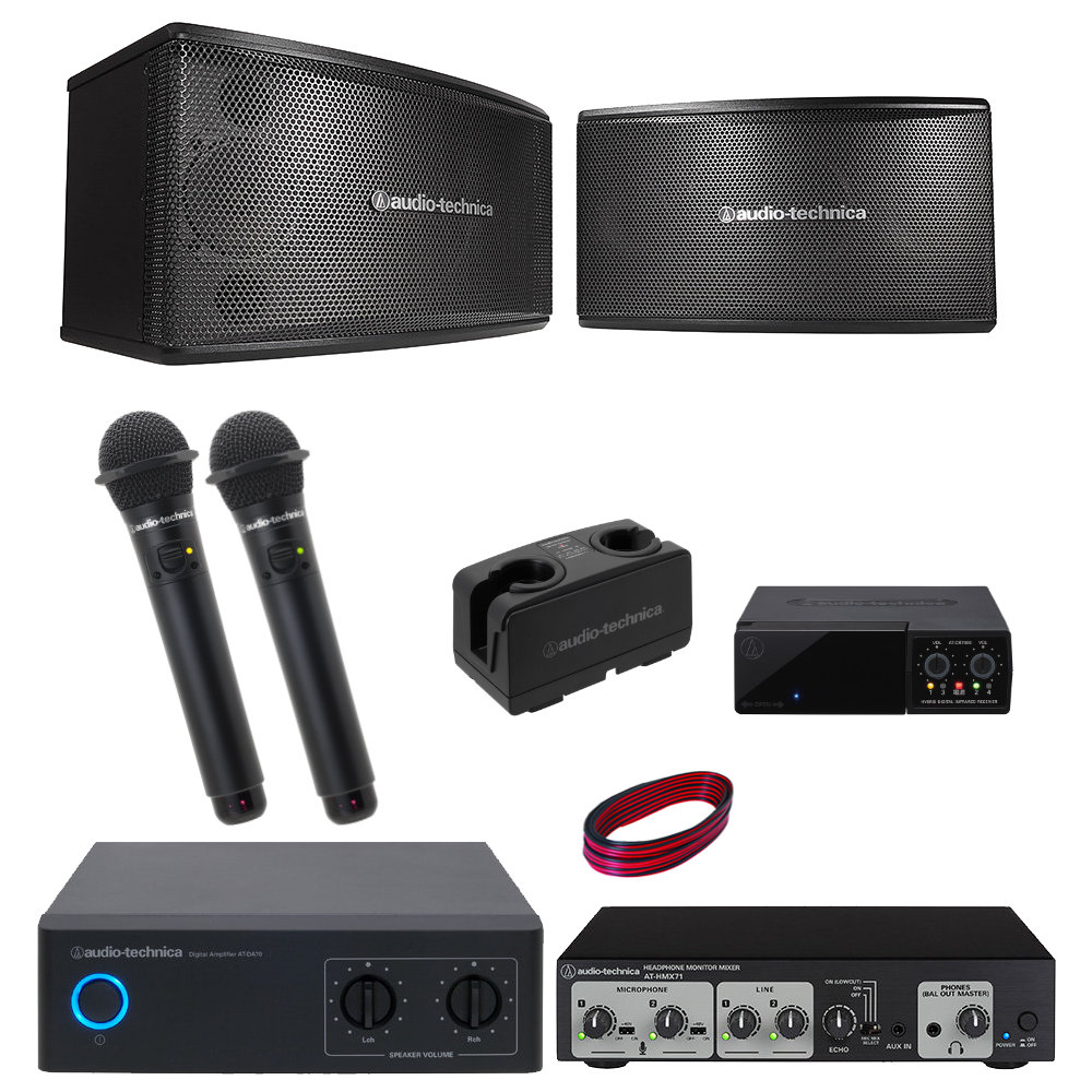 audio-technica カラオケスピーカーセット ワイヤレスマイク2本付き アンプ付き