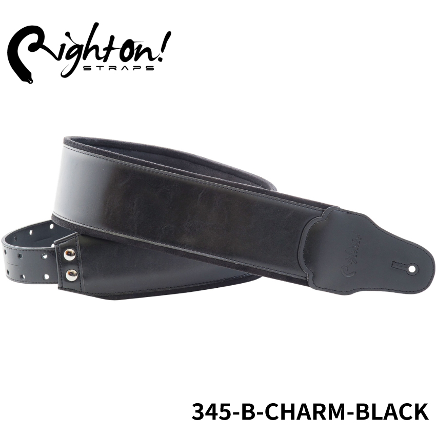 Right On! STRAPS BASSMAN Series B-CHARM Black ギターストラップ シンプル シック 大人  落ち着いた黒【合皮 マイクロファイバー 高密度テラックス】