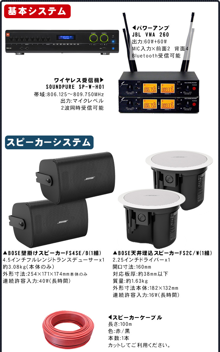 BOSE ボーズ 壁掛けスピーカー2台 + 天井埋込スピーカー2台 + ピンマイク2台 ワイヤレスマイク2本セット_1