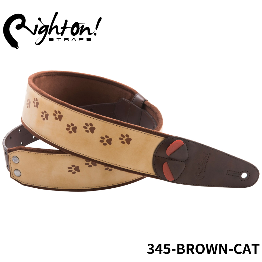 Right On! STRAPS BROWN CAT ギターストラップ ブラウンキャットトンキニーズ種 猫柄 猫の足跡 シンプル【合皮  マイクロファイバー 高密度テラックス】