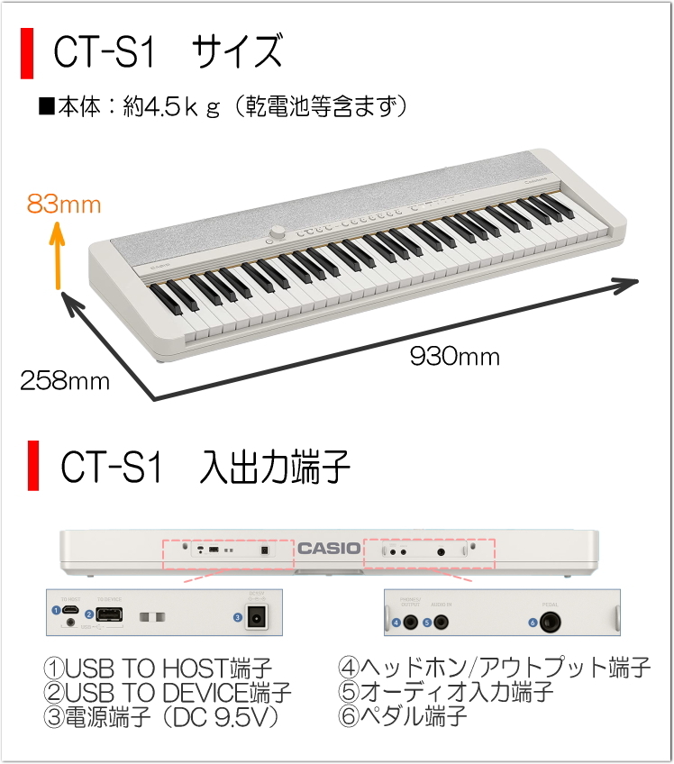 カシオ61鍵盤キーボード CT-S1 白「電源アダプタ、譜面立て 