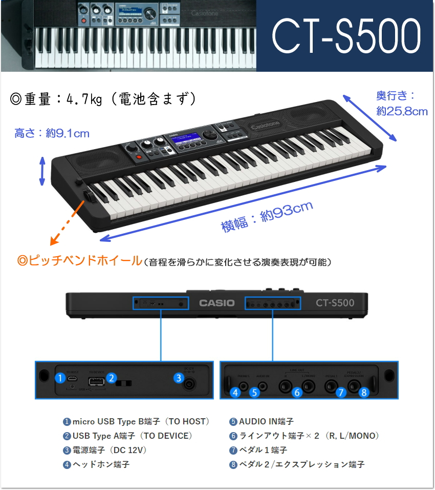 CASIO 61鍵盤キーボード CT-S500「ヘッドフォンで時間帯を気にせず演奏