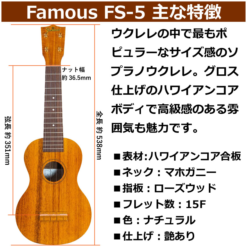 FAMOUS Famous ソプラノウクレレ FS-5 初心者4点セット 国産ウクレレ 