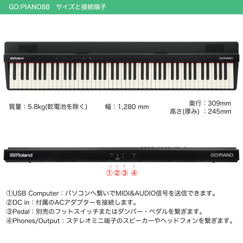 Roland ローランド 電子キーボード GO PIANO88 (GO-88PX) 88鍵盤 電池駆動対応 ポータブル | ローランド | 02