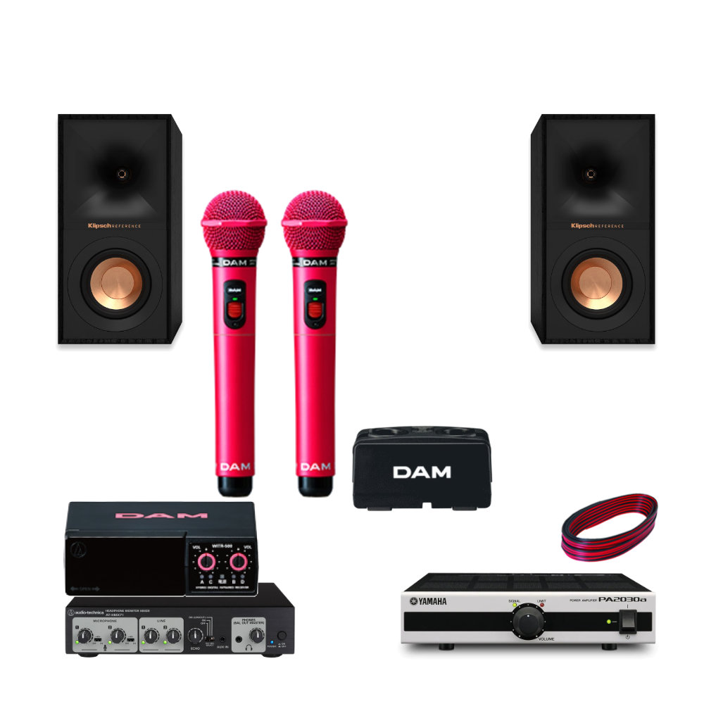 DAM ピンク ワイヤレスマイク２本 カラオケセット Klipsch製オーディオスピーカー + 低遅延アンプセット