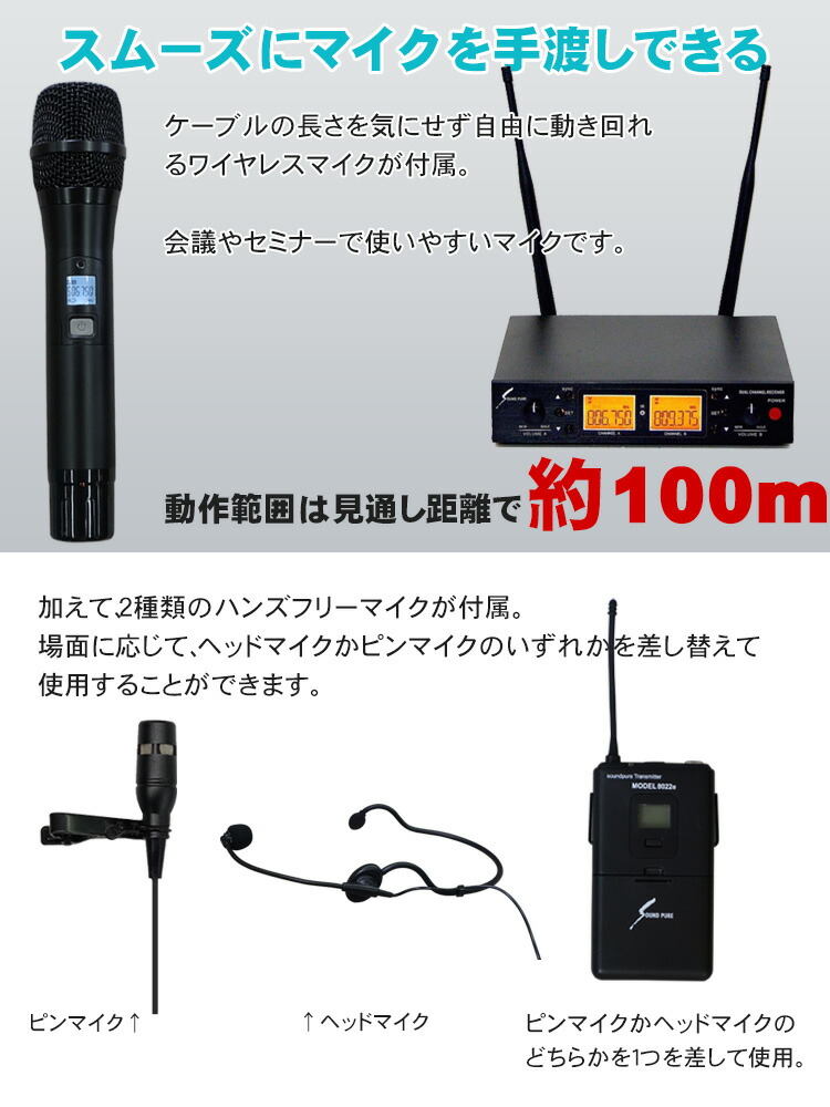 ワイヤレスヘッドマイク2個付き　セミナー・講演向き簡易PAセット　出力30W　800MHz帯
