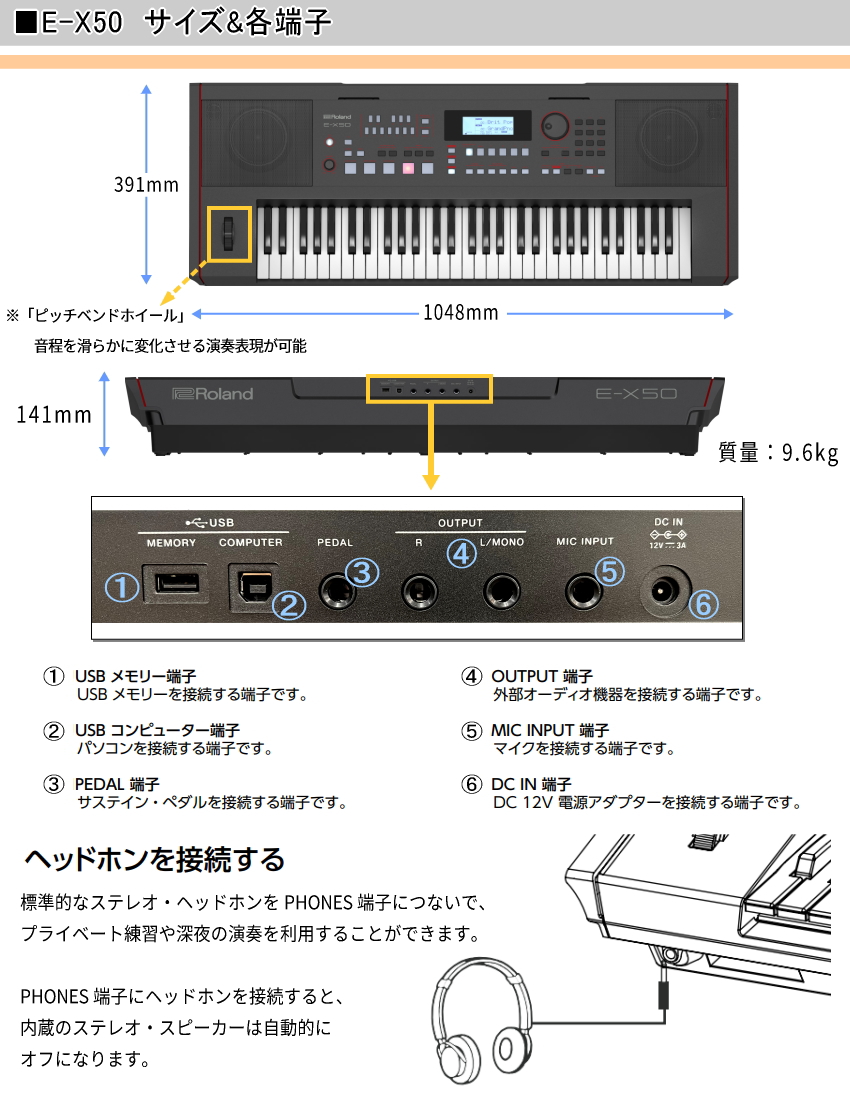 ローランド キーボード E-X50 本体用ケース\u0026汎用ペダル付き■Roland 弾き語り電子キーボード Bluetooth\u0026マイク機能/61鍵盤 BK ブラックの画像