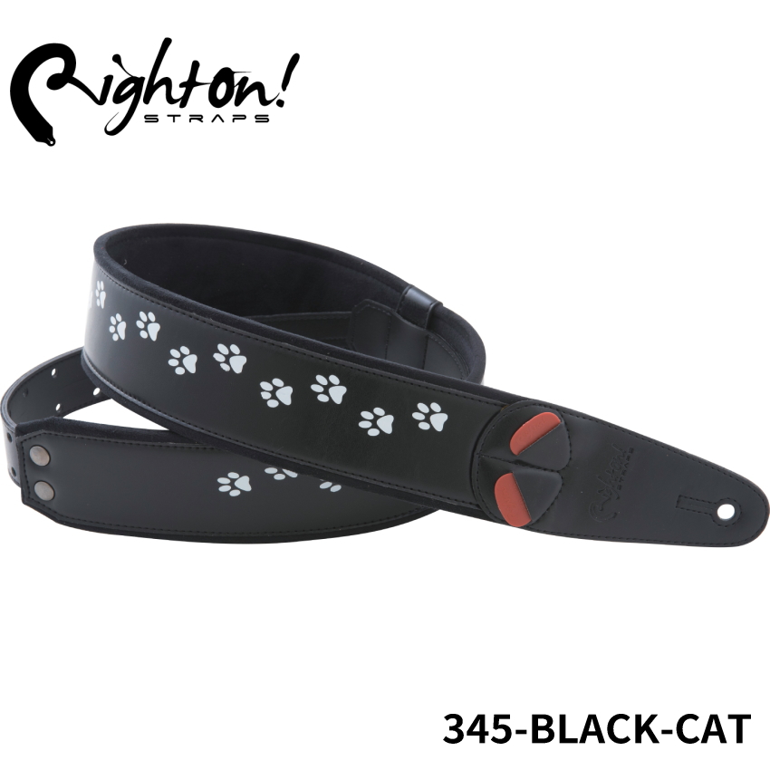 Right On! STRAPS BLACK CAT ギターストラップ ブラックキャット 猫柄 猫の足跡 肉球 シンプル かわいい【合皮 マイクロファイバー 高密度テラックス】｜merry-ys4