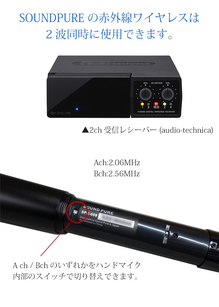 低価格の Audio-technica AT-CR7000 SOUNDPURE 赤外線ワイヤレスマイク２本付きセット レコーディング、PA機材 