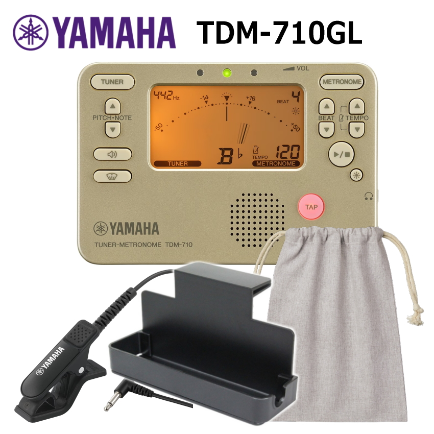 YAMAHA ヤマハ チューナーメトロノーム TDM-710GL ゴールド + チューナーマイク TM-40 ＋ 譜面台トレー + 巾着ケース セット_1