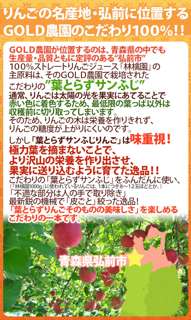 青森 りんごジュース GOLD農園 ”りんご100％ストレートジュース 林檎園” 1000g×6本×《2箱》