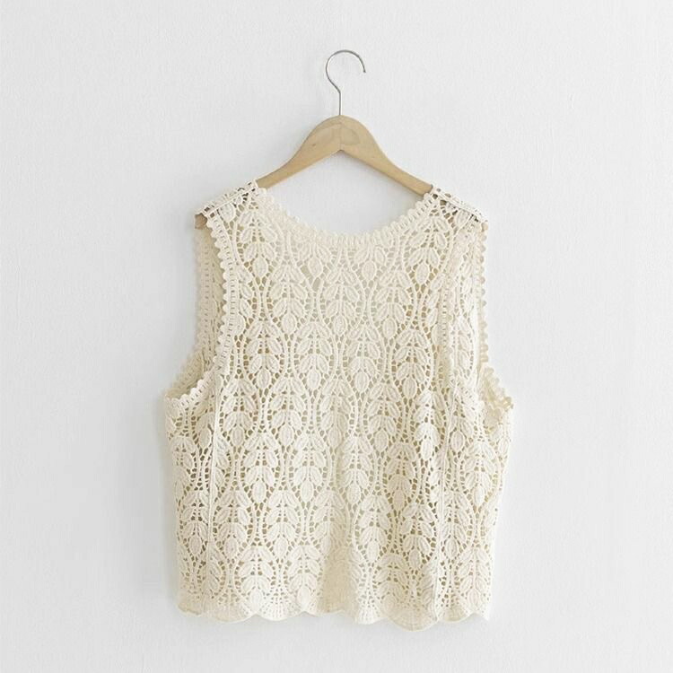 レースベスト レディース 前開き ジレ 透かし編み 花柄 ノースリーブ