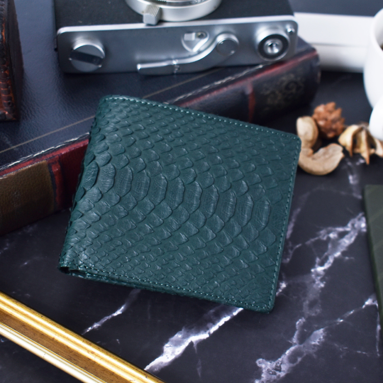 ハースケジュール　ヘビ革製　ダークグリーン二つ折り財布　パイソン MGSABLE パイソン 二つ折り財布 本革 メンズ シンプル 折り畳み ヘビ革