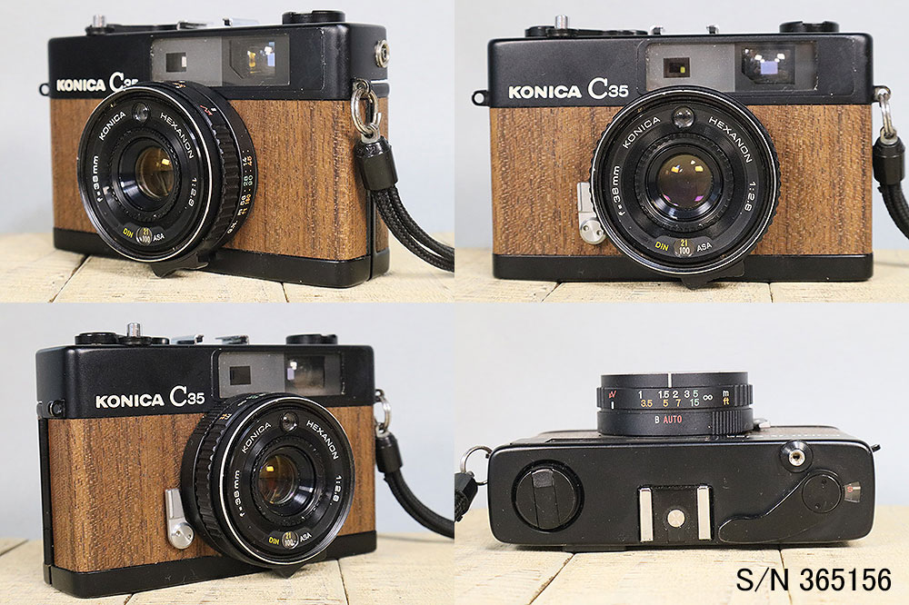 中古】【保証付 】 コニカ KONICA C35 初期型 ブラック 天然木貼り S/N