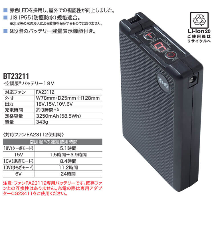空調服 バッテリー18V(本体のみ) BT23211 株式会社空調服 小物
