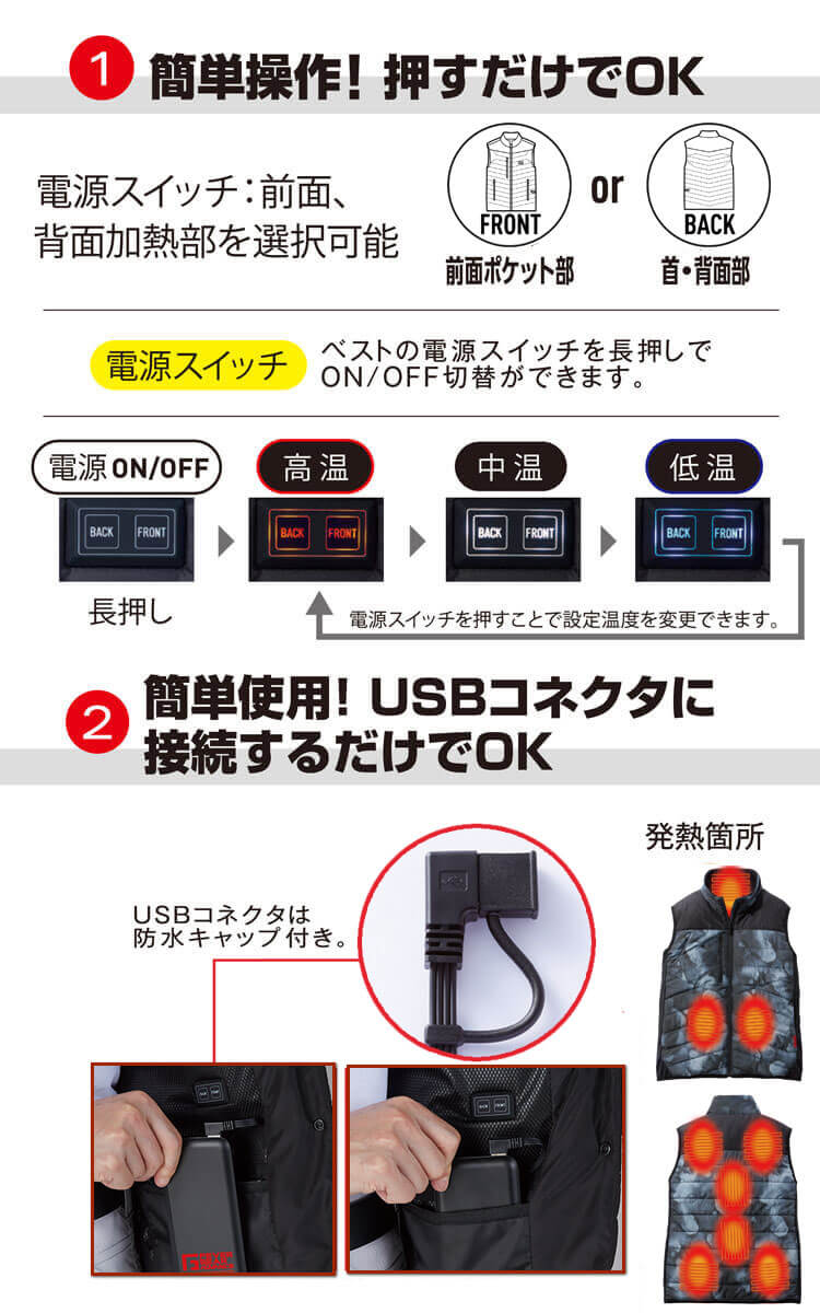 フィットベスト 充電式発熱チョッキフィットベスト Lサイズ 3400mAh Z-DRAGON 電熱ベスト 防寒着 FEVER GEAR FGA79000 ヒーター内蔵電熱