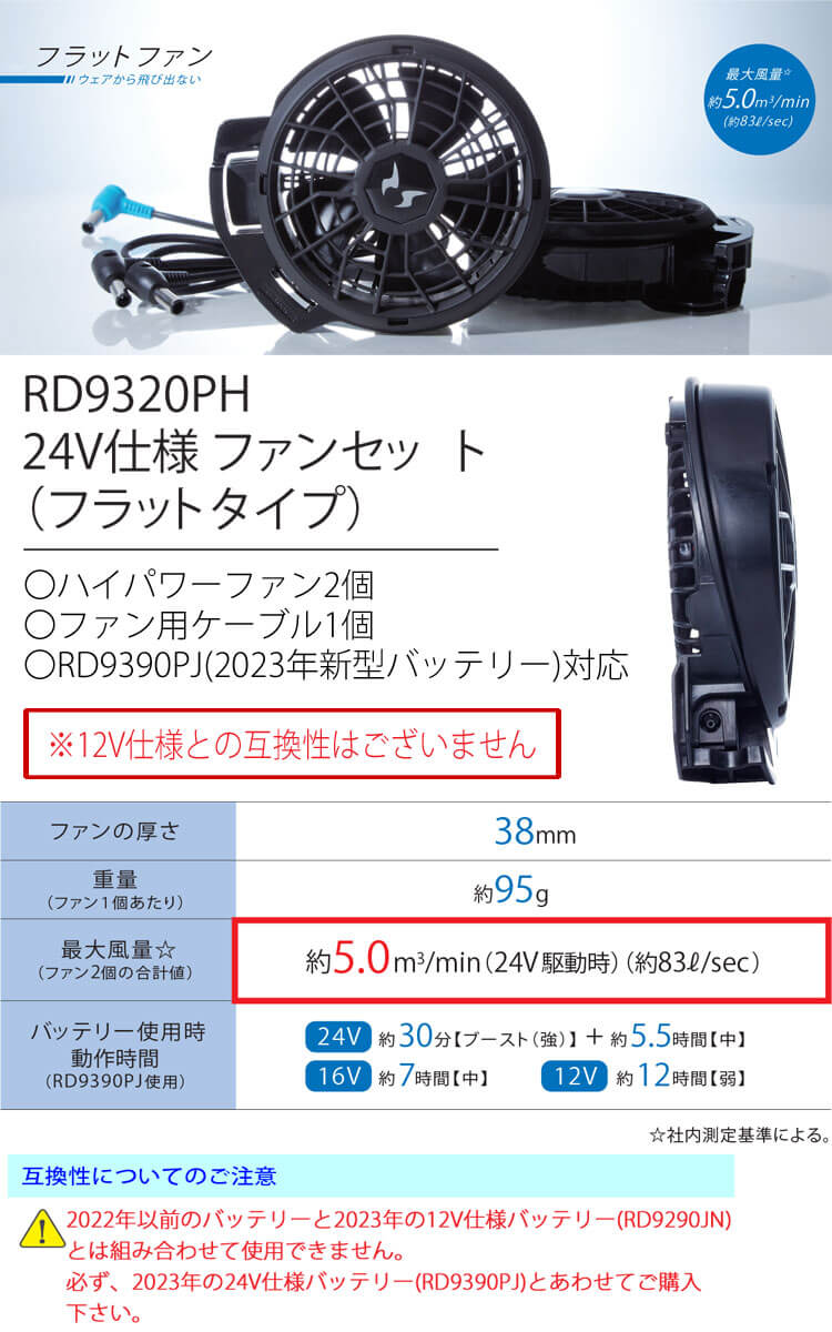 空調風神服 24V仕様ファンセット(フラットタイプ) RD9320PH 日本製 難