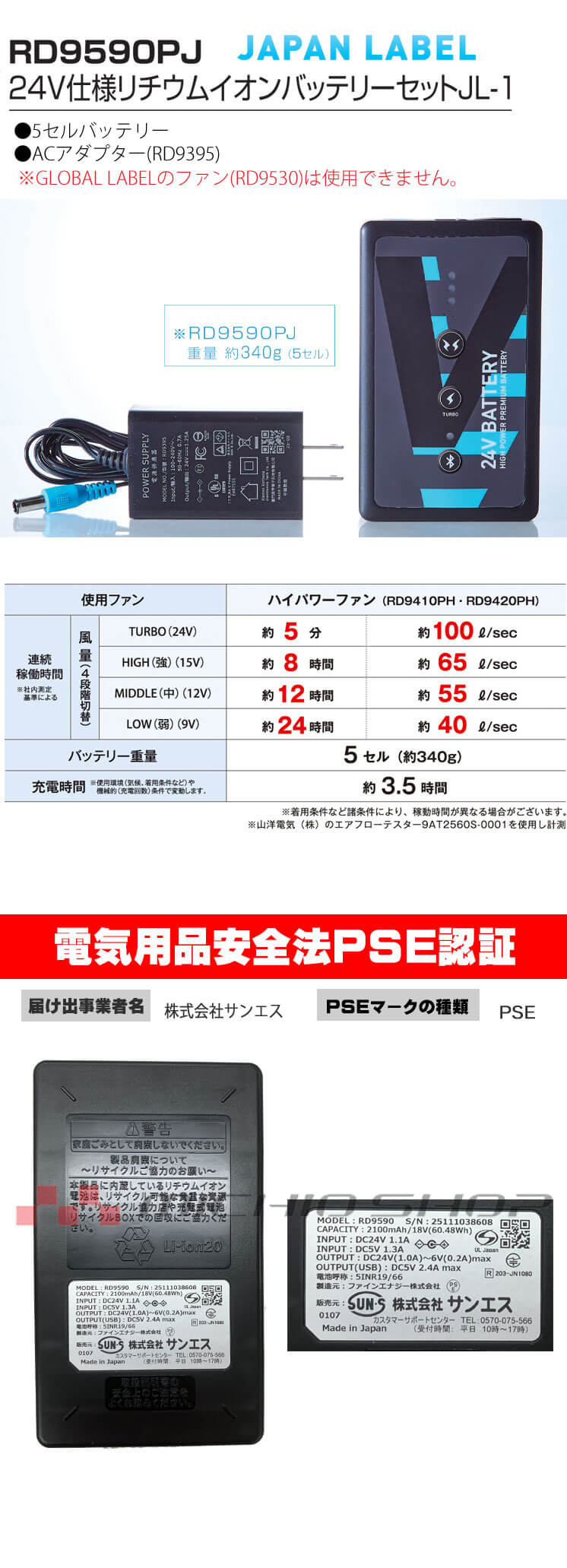 空調風神服 ファンセット(フラットタイプ)+24Vバッテリーセット