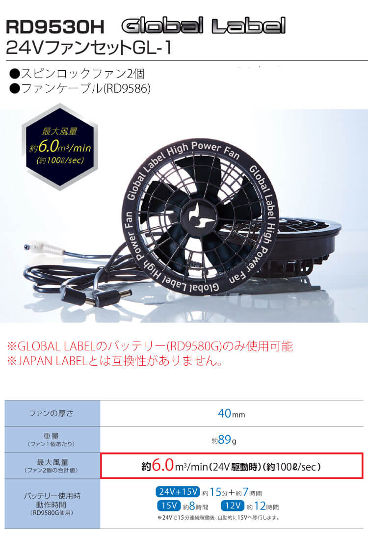 空調風神服 スピンロックファンセット+24Vバッテリーセット RD9530H+
