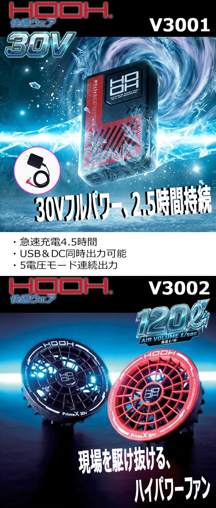 HOOH（鳳皇） 快適ウェア ファン+新型30Vバッテリーセット V3001+V3002