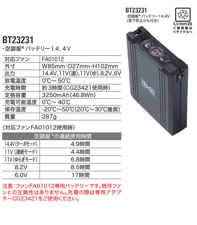 空調服 14.4Vバッテリー・ワンタッチファンセット XS23021 株式会社