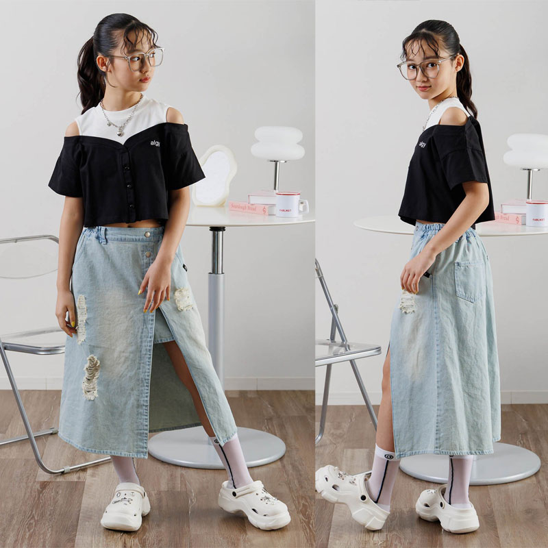 【アリーム】ジェシーモチーフ刺繍デニムスカート＆ジェシー帽子セット 子供服t ALGY アルジー ダメージデニム ロング ラップスカート