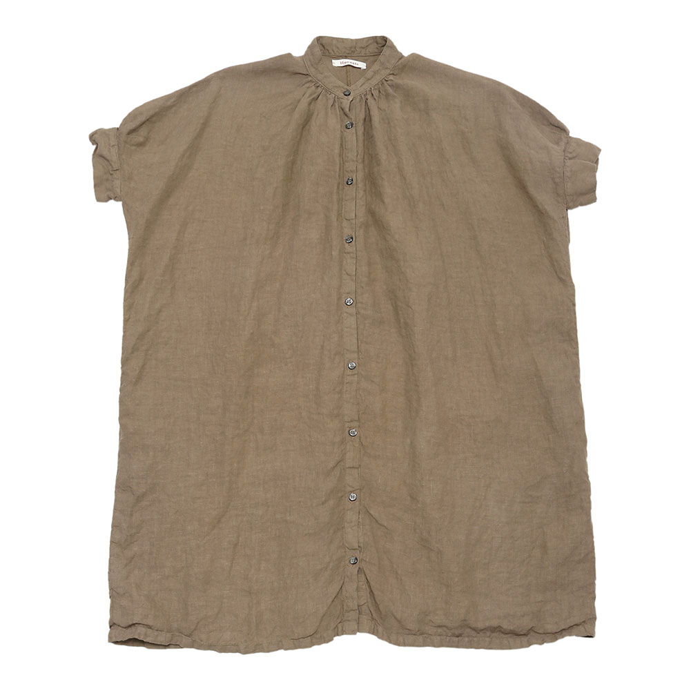 【極美品】Honnete⭐️アイリッシュリネン ノーカラーワンピース　カーキ d2765727b34e3b6a22f619ee8be5c5