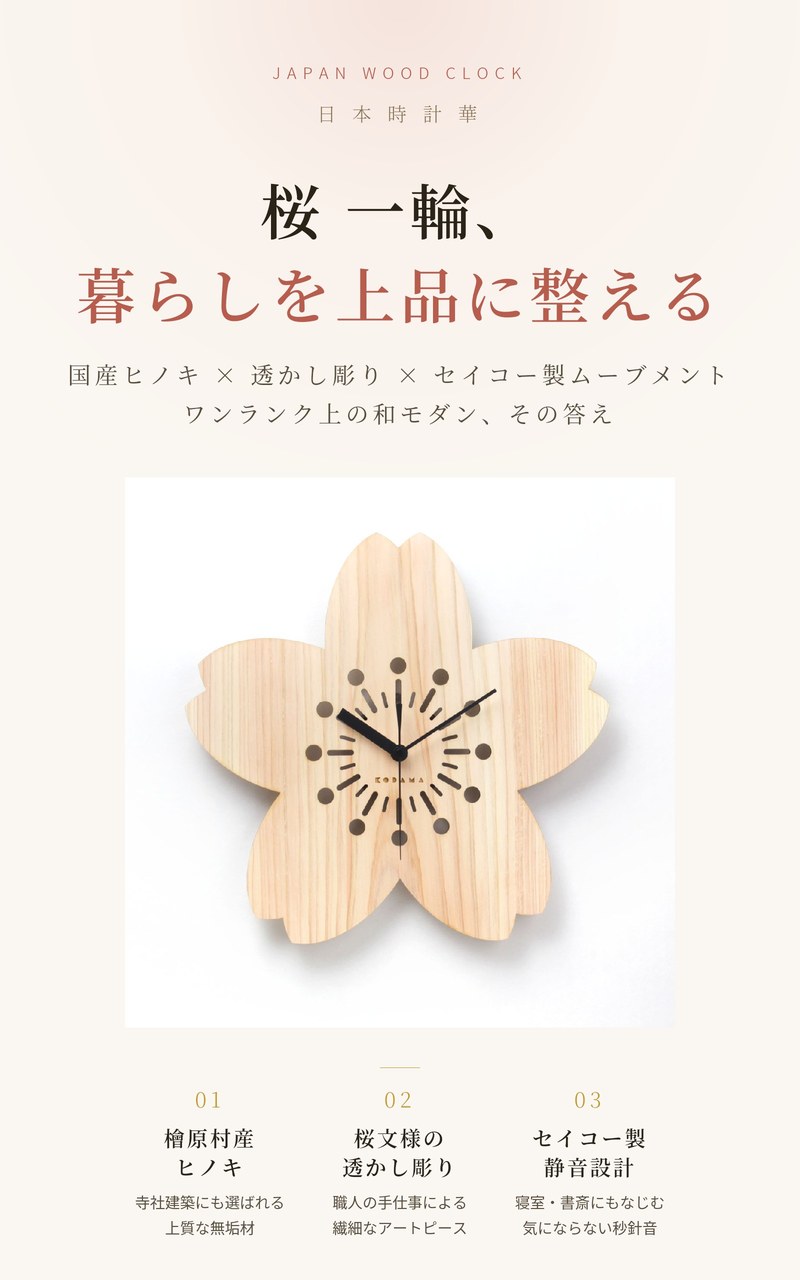 日本時計 華 桜 壁掛け時計 おしゃれ 木製 国産ヒノキ 30cm 透かし彫り