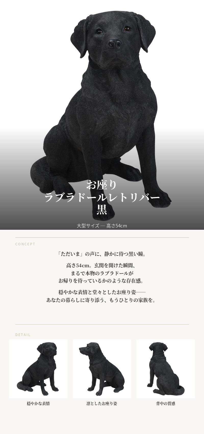 犬 置物 大型 動物 特大 お座りラブラドールレトリバー 黒 高さ54cm