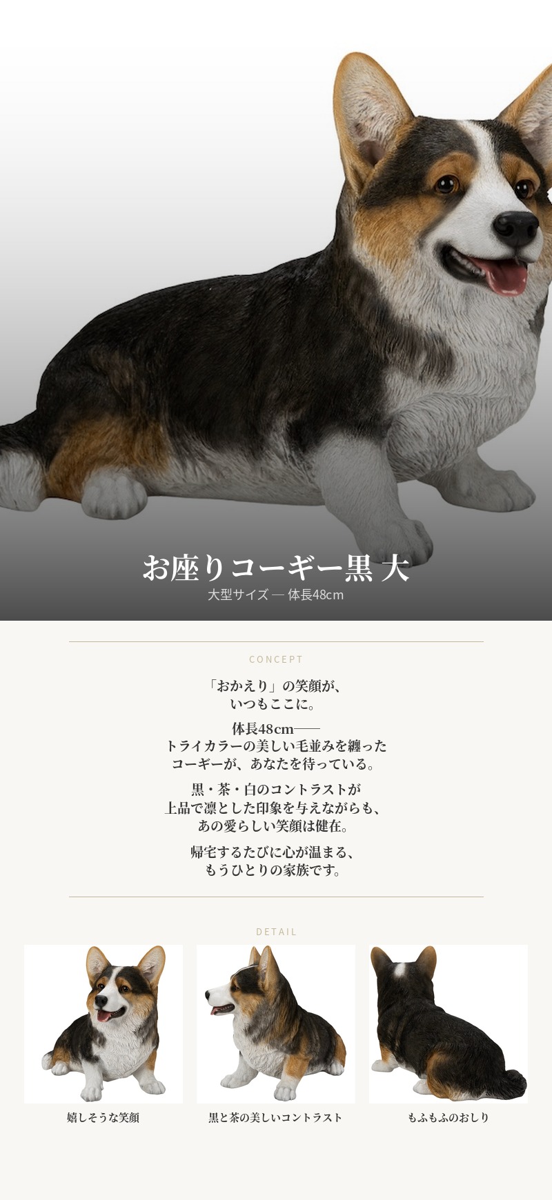 犬 置物 大型 お座りコーギー黒 大 体長48cm woobia おしゃれ 大きい