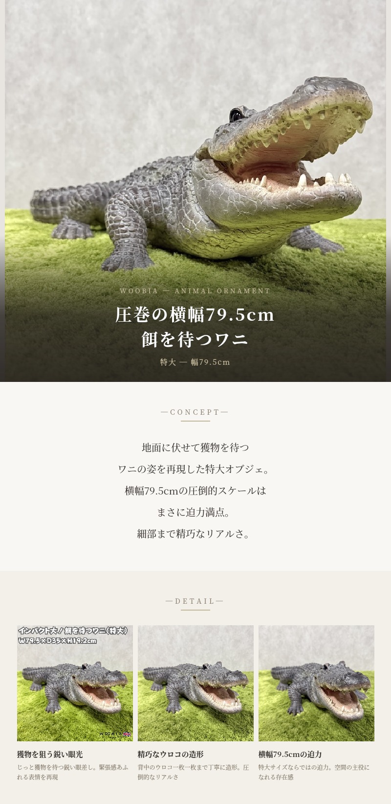 置物 餌を待つワニ 特大 横幅79.5cm 鰐 woobia 巨大オブジェ おしゃれ