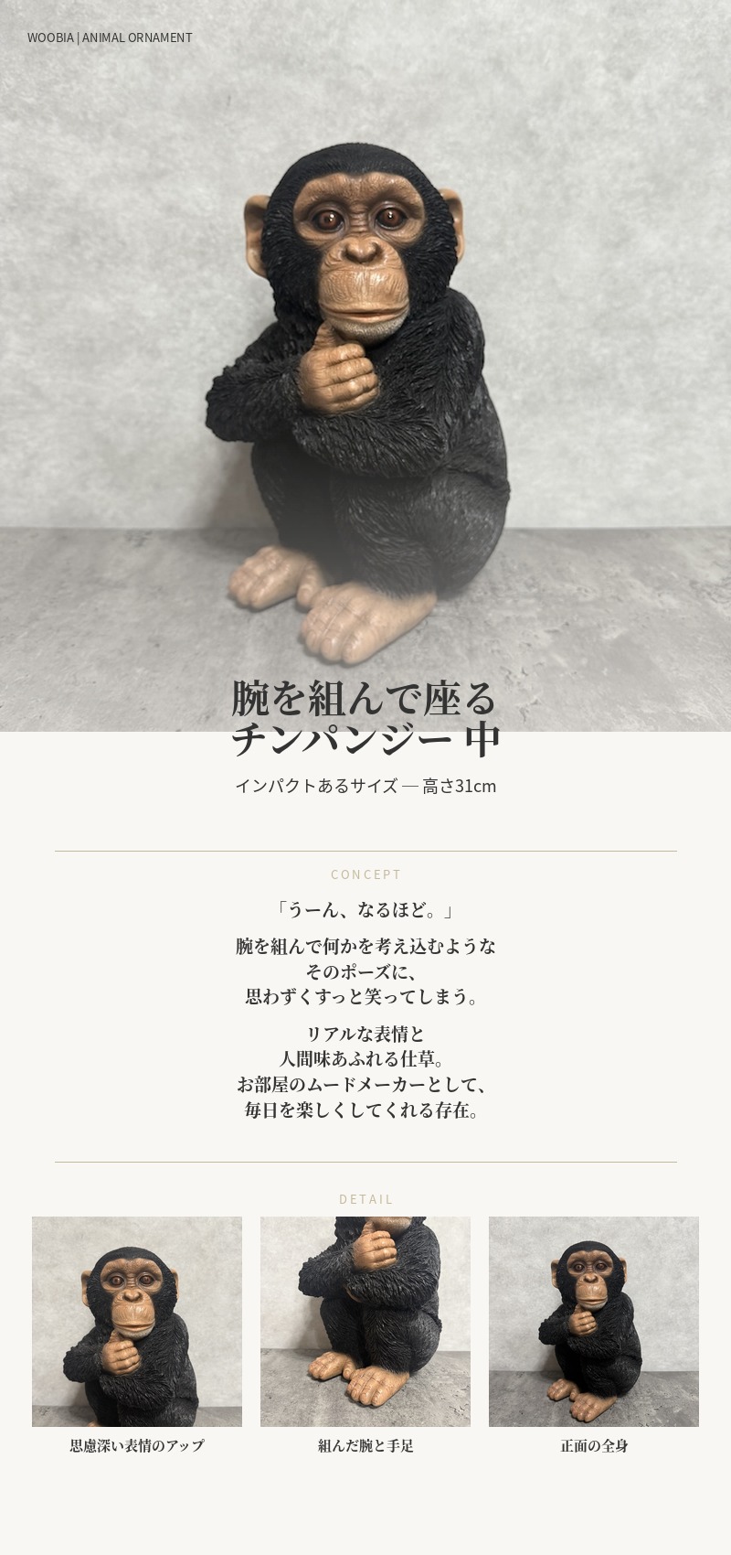 置物 動物 腕を組んで座る チンパンジー 中 高さ28cm おしゃれ 大きい