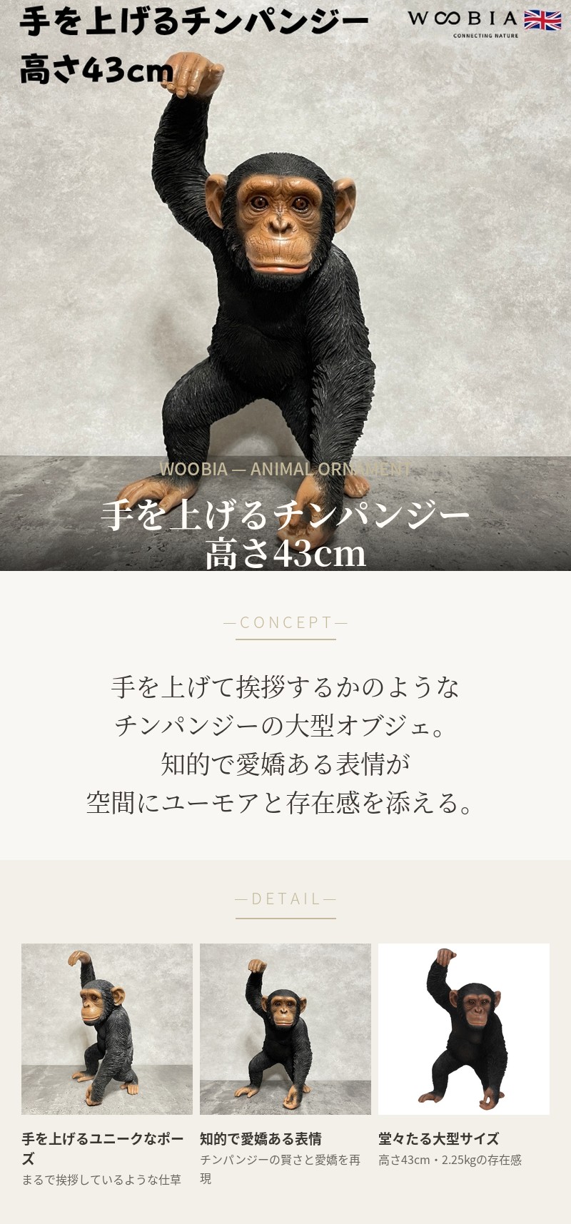 置物 動物 手を上げるチンパンジー 高さ43cm おしゃれ 大きい 玄関