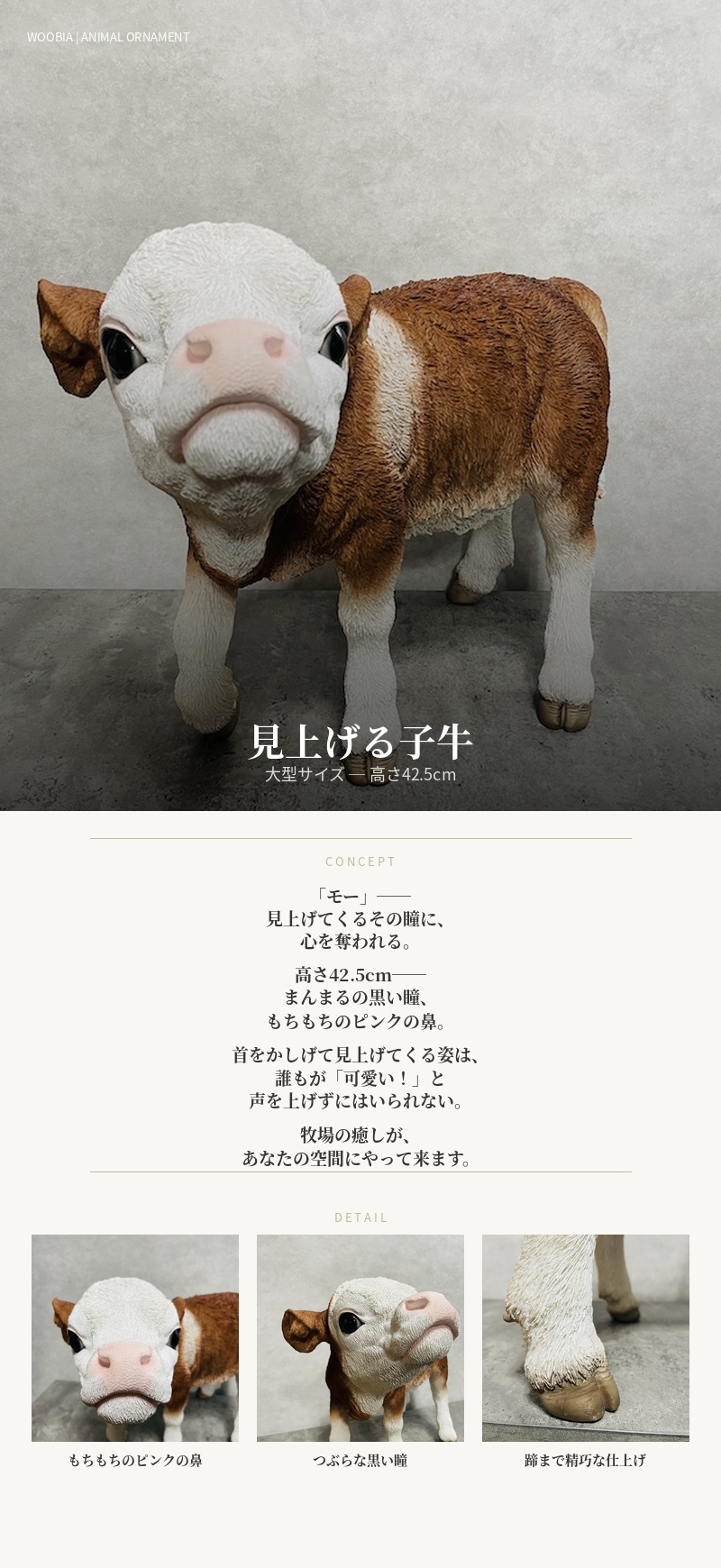 WOOBIA（ウービア） 置物 動物 見上げる子牛 横幅58.5cm woobia