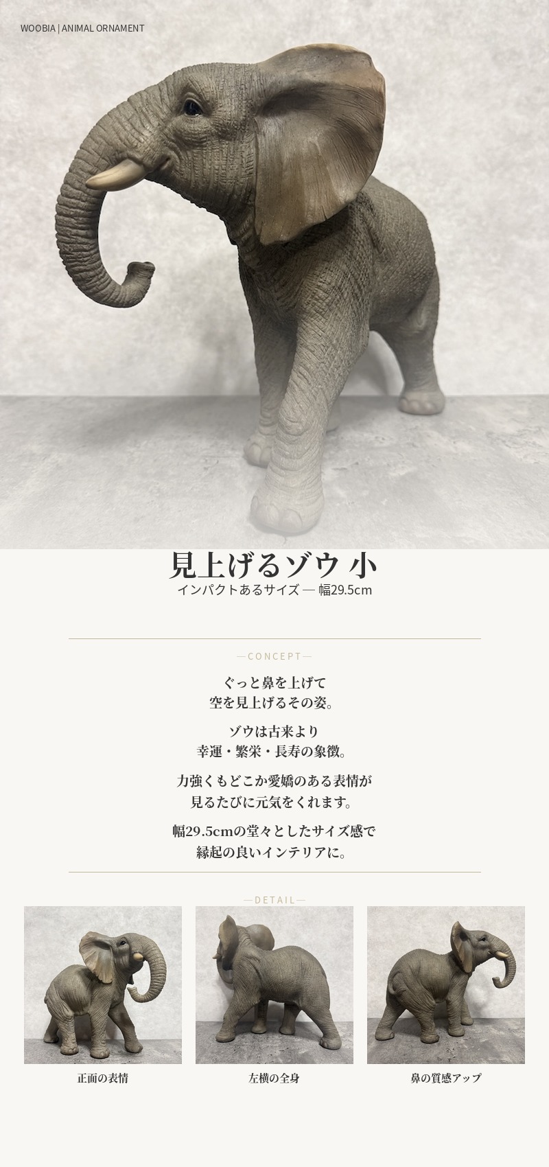 WOOBIA（ウービア） 置物 動物 見上げるゾウ 小 横幅29.5cm 象 縁起物
