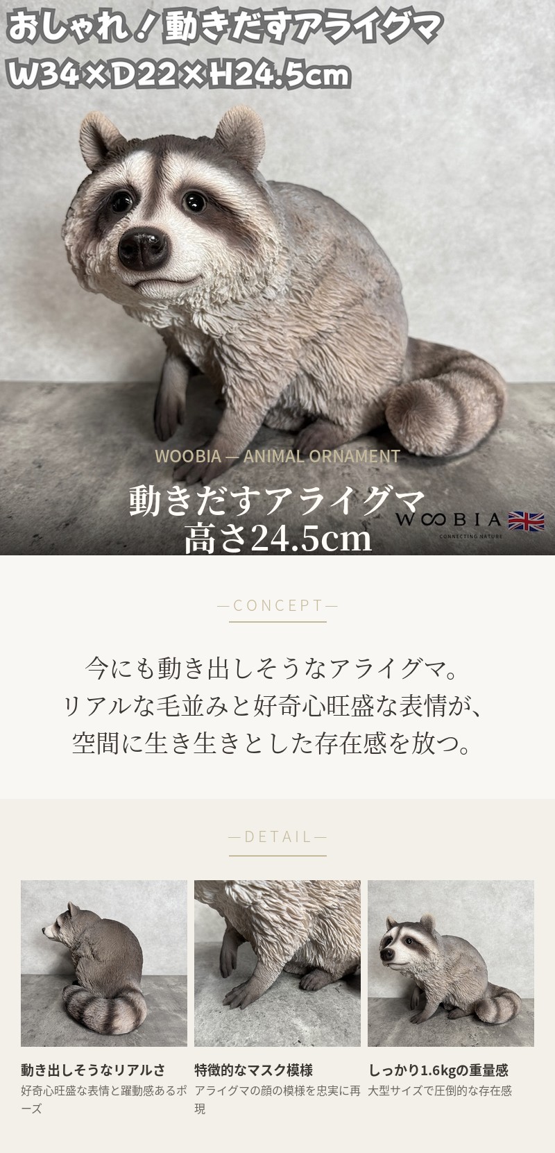 WOOBIA（ウービア） 置物 動物 動きだすアライグマ 横幅34cm オブジェ