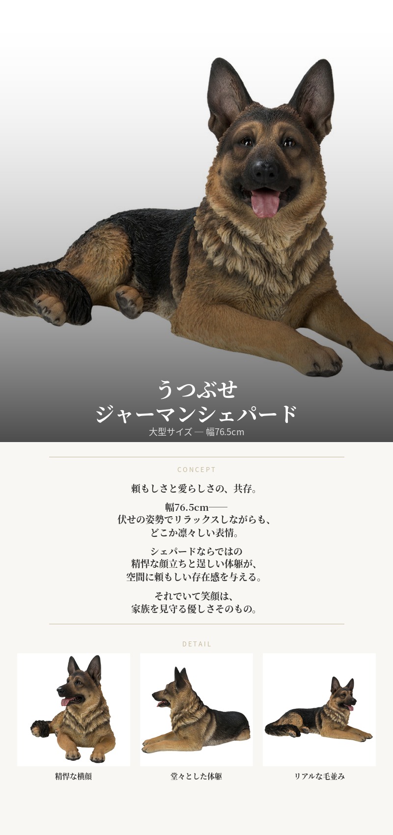 犬 置物 大型 動物 うつぶせジャーマンシェパード かわいい 横幅76.5cm