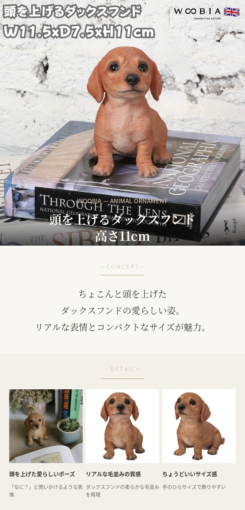 WOOBIA（ウービア） 置物 犬 動物 頭を上げるダックスフンド 高さ11cm