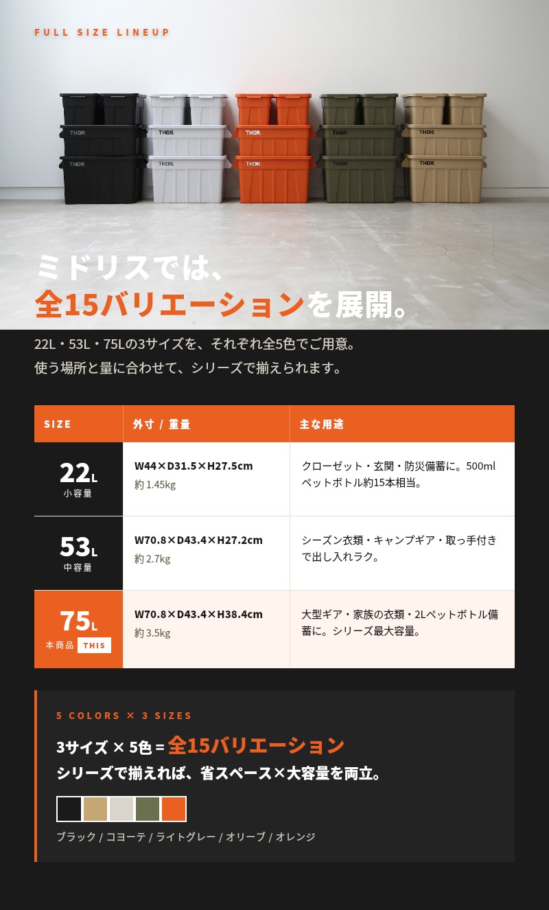 THOR（ソー） コンテナ 収納ボックス 75L 蓋付き 5色 ラージトート