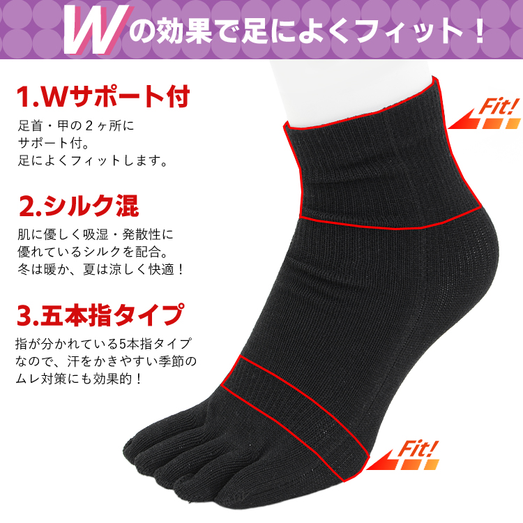 5本指ソックス シルク混 Wサポート 5足セット レディース 23-25cm 婦人