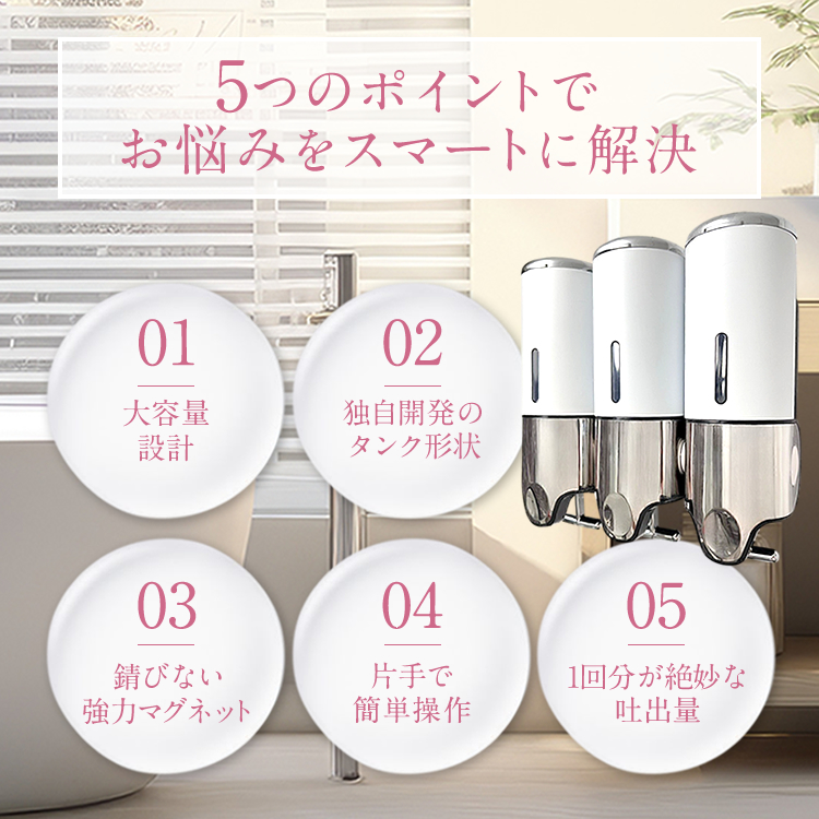 シャンプーディスペンサー シャンプーボトル マグネット 詰め替えボトル 強力 壁掛け 壁 簡単レバー方式 磁石 大容量 プレゼント ギフト yurila (1本セット) 関連画像4