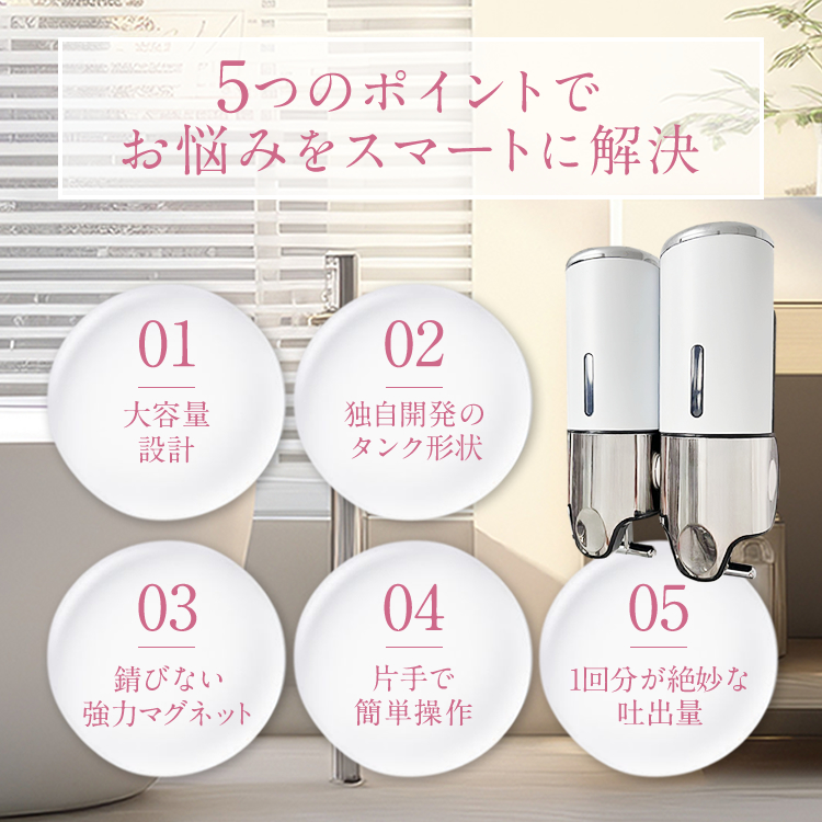 シャンプーディスペンサー シャンプーボトル マグネット 詰め替えボトル 強力 壁掛け 壁 簡単レバー方式 磁石 大容量プレゼント ギフト yurila (2本セット) 関連画像5