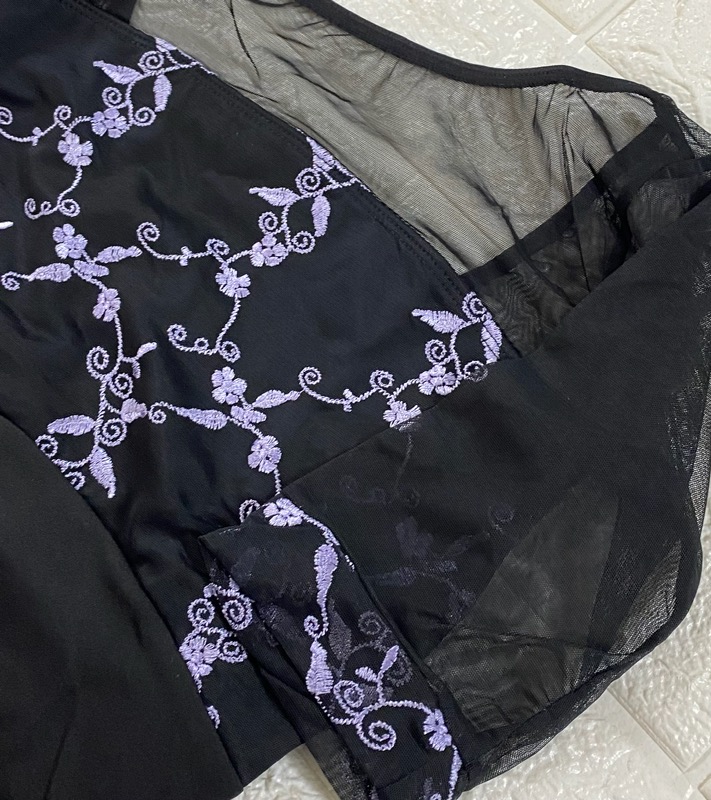 バレエ レオタード 大人 半袖 黒 4分袖 刺繍入り ブラック : バレエ