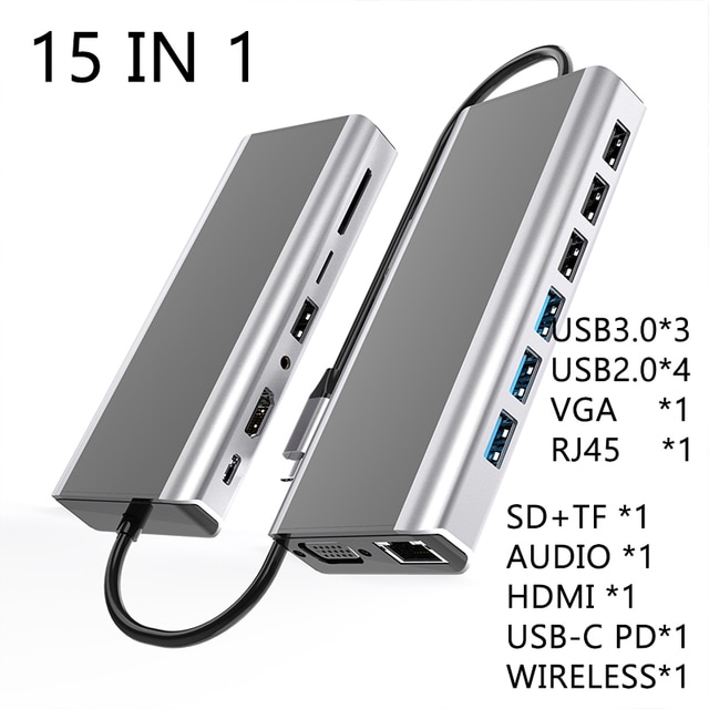15-in-1 USBcハブ,4k,hdmiワイヤレス充電器アダプター,USB-Cドッキング