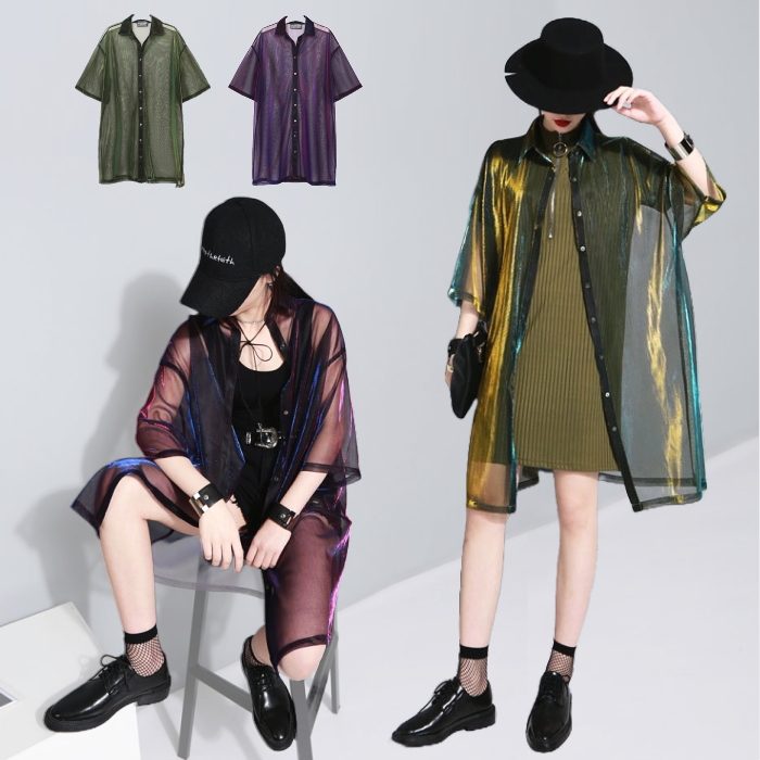 シースルー シャツ トップス【グリーン】 ロング チュニック ブラウス