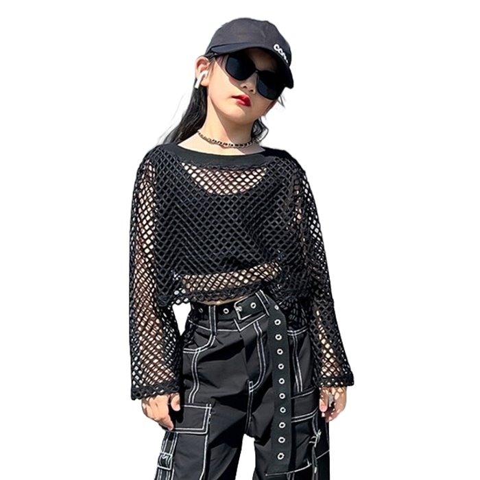 ダンス衣装 メッシュ キッズ トップス Tシャツ 長袖 ショート丈